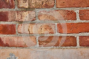 Background asset of grimy red brick wall with sliver of tan concrete at bottom