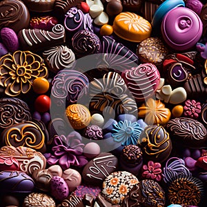 Background of assorted chocolate candies. Top view. Copy space. Generative AI