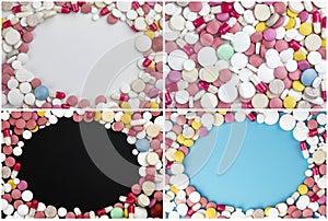 Background of assorted pharmaceutical capsules and medication in different colors