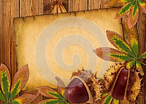 Background with autumn chestnuts and leaves