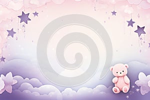 background for baby shower invitation empty space for text. cute bear reaching for the star.