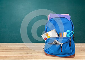 Blue School Backpack on background photo