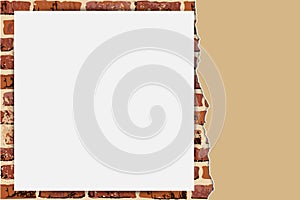 Background, backdrop with  paper sheet on brick wall.
