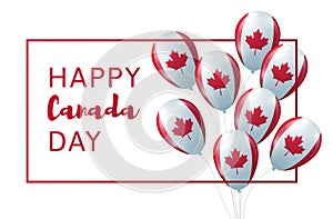 Background with balloons in national colors of the Canada. Vector card for Canada Day. Red and white balloons with maple leaves.