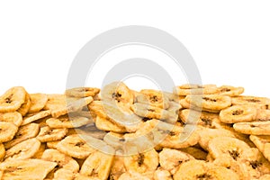 Background, wallpapper of heap of dried banana chips with banana cluster photo