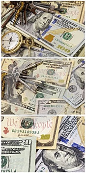 Background bank cash bills skeleton house keys watch