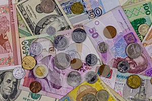 Background of banknotes and coins from different countries