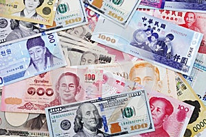 Background of banknotes from different countries.