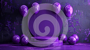 Background for banner with balloons and podium. Space for text, purple hues, premium, luxury, mimimal. Contemporary podium stage photo