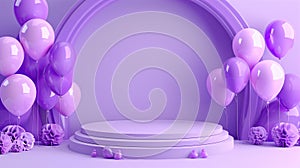 Background for banner with balloons and podium. Space for text, purple hues, premium, luxury, mimimal. Contemporary podium stage photo