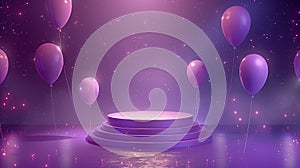 Background for banner with balloons and podium. Space for text, purple hues, premium, luxury, mimimal. Contemporary podium stage photo