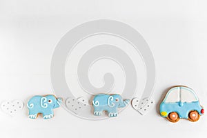 Background for a banner with elephants and car. Children banner. Frame for greeting card newborn boy. Blank for design childish