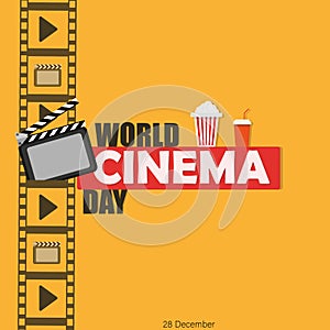 Background, banner with film strip for world cinema day. Cinema. Illustration on an isolated yellow background. Clapperboard.