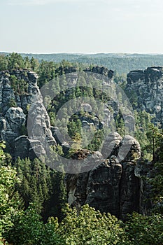 Background. Bastei rock formations, Germany Saxon Switzerland National park, Germany. Close photo, summer morning landscape on the