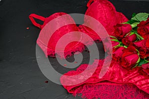 Sexy black background with  knickers  bra and red roses photo