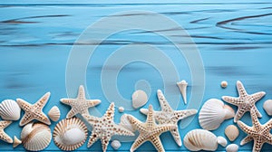 Background beach concept design shells star fish on a wooden blue background created with Generative AI
