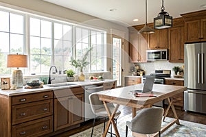 Background of a beautiful and bright kitchen with desk for objects