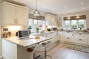Background of a beautiful and bright kitchen with desk for objects