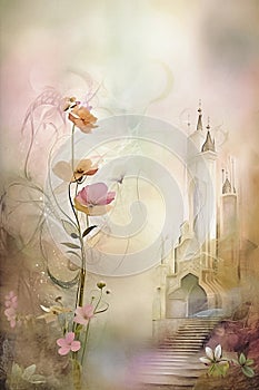 Background with beautiful flowers and church. Digital watercolor painting in soft colors. Generative AI