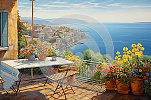 Background with a beautiful landscape. City by the sea, illustration. Sea view from the balcony,