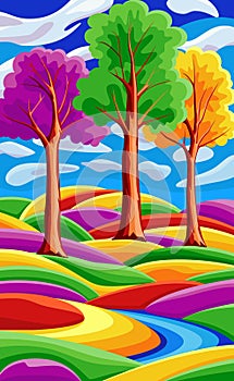 Background with beautiful landscape with trees, mountains, river and hills, bright color blue sky with clouds. Vector