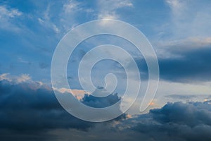 Background of beautiful mystery cumulus clouds on blue sky at evening sunset