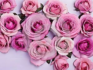 Background of beautiful pink and purple roses. Top view, flat lay.