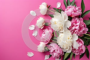 Background with beautiful pink and white peony flowers, solid color background, top view