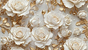 Background of beautiful porcelain white roses, gold buds and leaves.