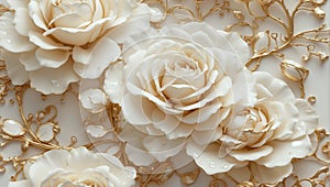 Background of beautiful porcelain white roses, gold buds and leaves.