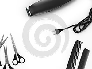 background for beauty clippers scissors and combs are laid around the place for text