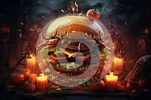 Background of beef hamburger topped with cheese sauce with a Halloween theme photo