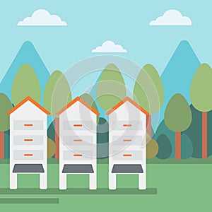 Background of beehives in meadow.