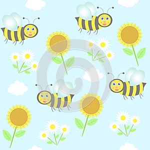 Background with bees, sunflowers and camomiles