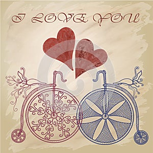 Background with bikes in vintage style. Valentines day. I love you.