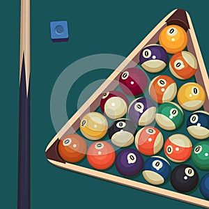 background for billiard tournament poster. Vector design of billiard balls on green table and triangular rack