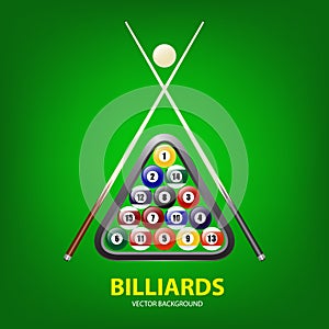 Background with billiards balls, triangle and two cues