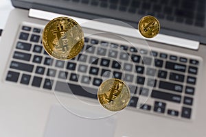 Background with bitcoin coins above the internet connection device