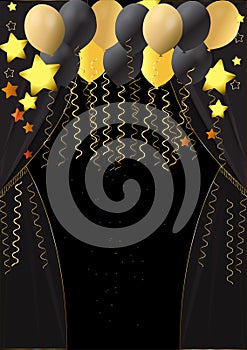 Background with black & golden balloons and stars & curtain,Party background with glitters & balloon