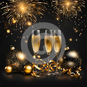 Golden background with golden champagne glasses with fireworks in the background photo