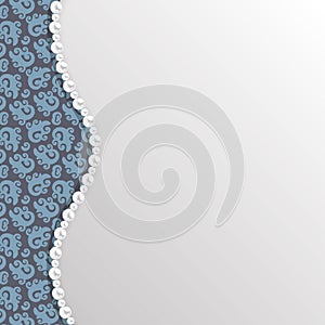 Background with black lace pattern and pearl border. Vector template.