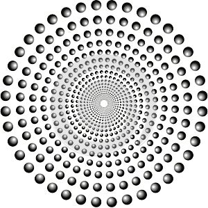 Background of black and white spheres in circular rotation endlessly with illusion of movement