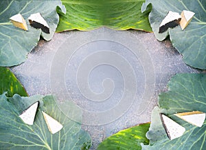 Background with blue cheese on a cabbage leaf.