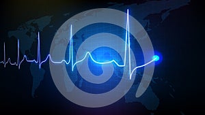 background of blue futuristic technology digital ECG heartbeat pulse line wave monitor and world map