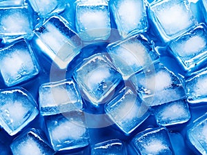 background of blue ice cubes, top view, close up