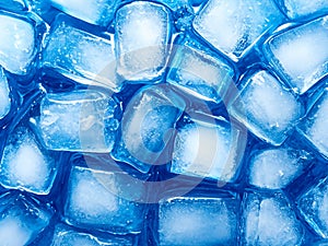 background of blue ice cubes, top view, close up