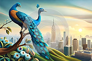 Background with blue peacock on branch with flowers for interior home wall generated Ai.