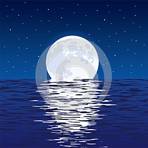 Background of blue sea and full moon at night. vector