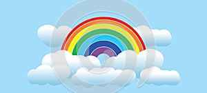 Background with blue sky and rainbow wrapped in clouds.