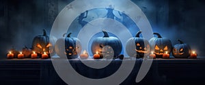 background blue table halloween mystery pumpkin evil fear night silhouette horror. Generative AI.
